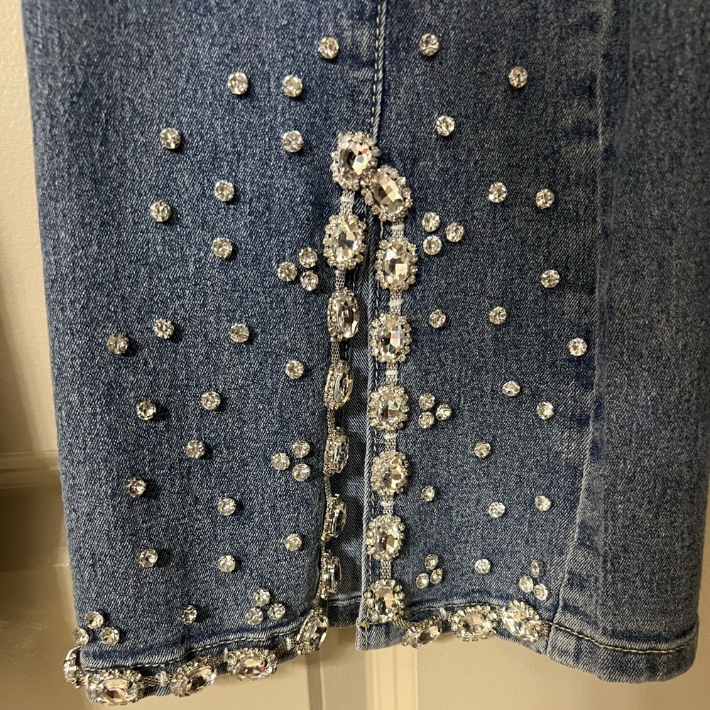 A.Z.I Blue Jewel & Rhinestone Embellished Flare Front Slit Jeans - 12 - Picture 7 of 11